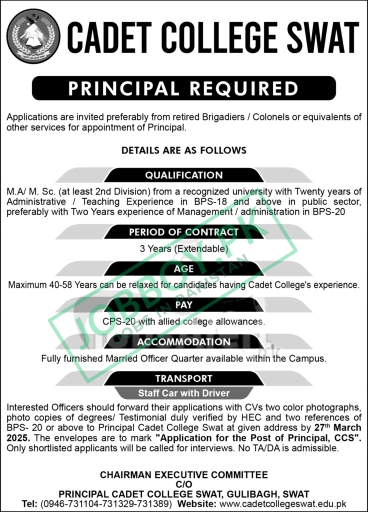 Cadet College Swat Jobs 2025 Teaching Staff BPS-20 4 Cadet College Swat Jobs 2025 Teaching Staff BPS-20